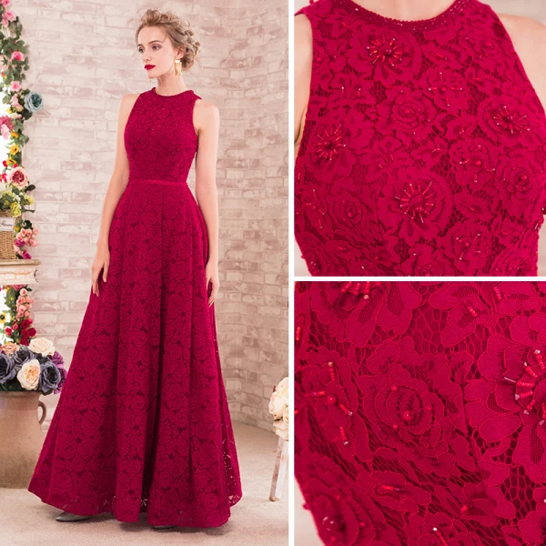 Chic / Beautiful Burgundy Evening Dresses 2017 A-Line / Princess Scoop Neck Sleeveless Beading Pearl Sash Floor-Length / Long Backless Formal Dresses