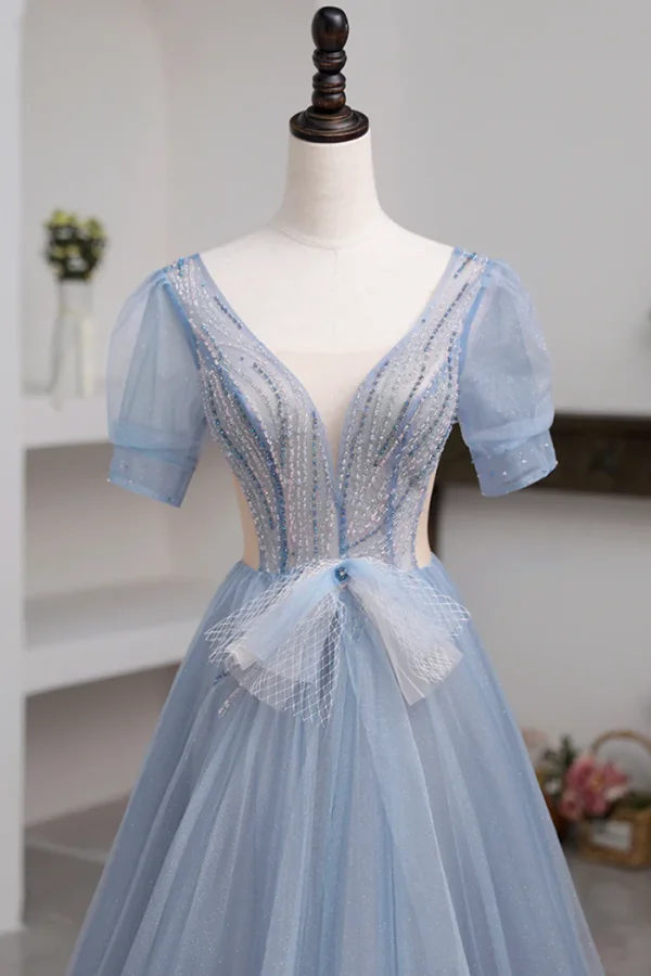 Chic / Beautiful Sky Blue Beading Prom Dresses 2024 A-Line / Princess V-Neck Short Sleeve Backless Floor-Length / Long Prom Formal Dresses