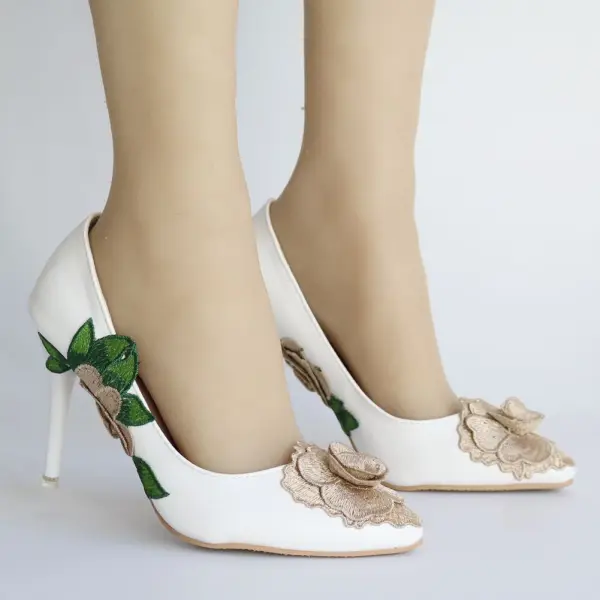 Fashion Beige Embroidered Prom Pumps High Heels 2025 9 cm Stiletto Heels Pointed Toe Pumps