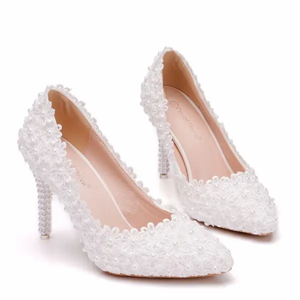 Elegante Witte Parel Kant Bloem Bruidsschoenen 2025 9 cm Naaldhakken / Stiletto Spitse Neus Huwelijk Pumps Hoge Hakken