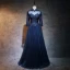 Chinese style Navy Blue Prom Dresses 2017 A-Line / Princess High Neck 3/4 Sleeve Appliques Lace Pearl Floor-Length / Long Ruffle Pierced Formal Dresses