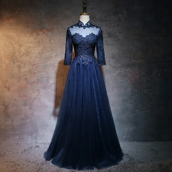 Chinese style Navy Blue Prom Dresses 2017 A-Line / Princess High Neck 3/4 Sleeve Appliques Lace Pearl Floor-Length / Long Ruffle Pierced Formal Dresses