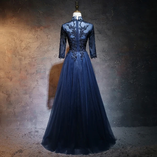 Chinese style Navy Blue Prom Dresses 2017 A-Line / Princess High Neck 3/4 Sleeve Appliques Lace Pearl Floor-Length / Long Ruffle Pierced Formal Dresses