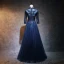 Chinese style Navy Blue Prom Dresses 2017 A-Line / Princess High Neck 3/4 Sleeve Appliques Lace Pearl Floor-Length / Long Ruffle Pierced Formal Dresses