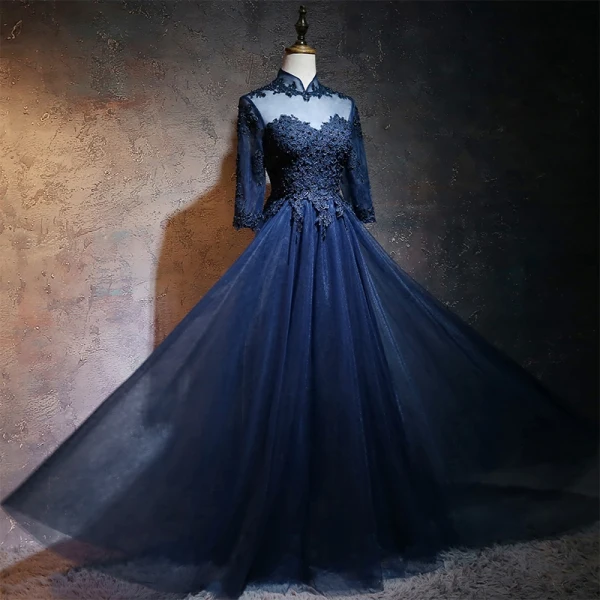 Chinese style Navy Blue Prom Dresses 2017 A-Line / Princess High Neck 3/4 Sleeve Appliques Lace Pearl Floor-Length / Long Ruffle Pierced Formal Dresses