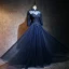 Chinese style Navy Blue Prom Dresses 2017 A-Line / Princess High Neck 3/4 Sleeve Appliques Lace Pearl Floor-Length / Long Ruffle Pierced Formal Dresses