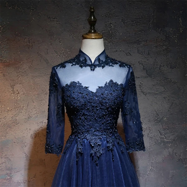 Chinese style Navy Blue Prom Dresses 2017 A-Line / Princess High Neck 3/4 Sleeve Appliques Lace Pearl Floor-Length / Long Ruffle Pierced Formal Dresses