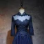 Chinese style Navy Blue Prom Dresses 2017 A-Line / Princess High Neck 3/4 Sleeve Appliques Lace Pearl Floor-Length / Long Ruffle Pierced Formal Dresses
