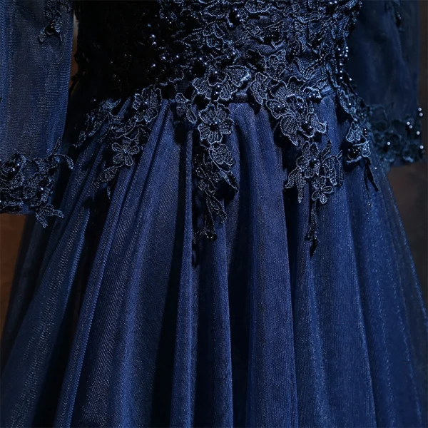 Chinese style Navy Blue Prom Dresses 2017 A-Line / Princess High Neck 3/4 Sleeve Appliques Lace Pearl Floor-Length / Long Ruffle Pierced Formal Dresses