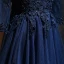 Chinese style Navy Blue Prom Dresses 2017 A-Line / Princess High Neck 3/4 Sleeve Appliques Lace Pearl Floor-Length / Long Ruffle Pierced Formal Dresses