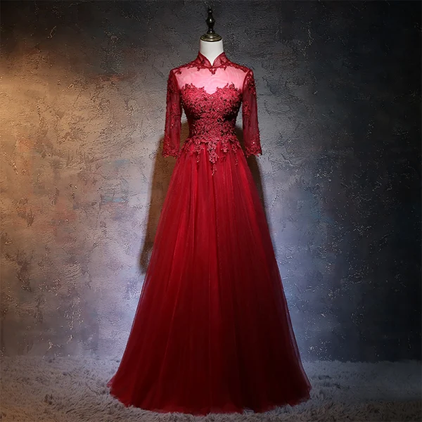 Chinese style Navy Blue Prom Dresses 2017 A-Line / Princess High Neck 3/4 Sleeve Appliques Lace Pearl Floor-Length / Long Ruffle Pierced Formal Dresses