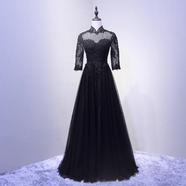 Chinese style Navy Blue Prom Dresses 2017 A-Line / Princess High Neck 3/4 Sleeve Appliques Lace Pearl Floor-Length / Long Ruffle Pierced Formal Dresses