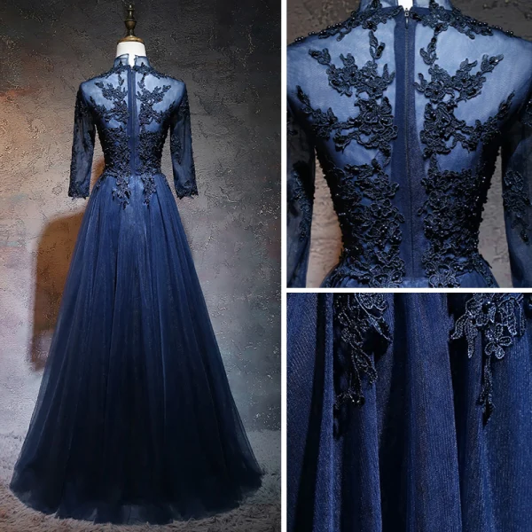 Chinese style Navy Blue Prom Dresses 2017 A-Line / Princess High Neck 3/4 Sleeve Appliques Lace Pearl Floor-Length / Long Ruffle Pierced Formal Dresses
