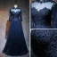 Chinese style Navy Blue Prom Dresses 2017 A-Line / Princess High Neck 3/4 Sleeve Appliques Lace Pearl Floor-Length / Long Ruffle Pierced Formal Dresses