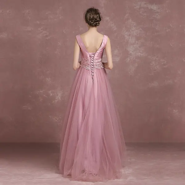 Modern / Fashion Candy Pink Evening Dresses  2018 A-Line / Princess Amazing / Unique V-Neck Sleeveless Appliques Lace Rhinestone Sash Floor-Length / Long Backless Formal Dresses