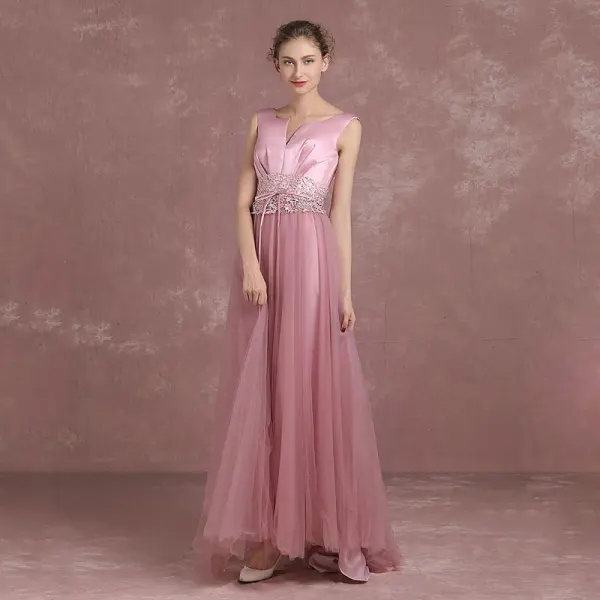 Modern / Fashion Candy Pink Evening Dresses  2018 A-Line / Princess Amazing / Unique V-Neck Sleeveless Appliques Lace Rhinestone Sash Floor-Length / Long Backless Formal Dresses