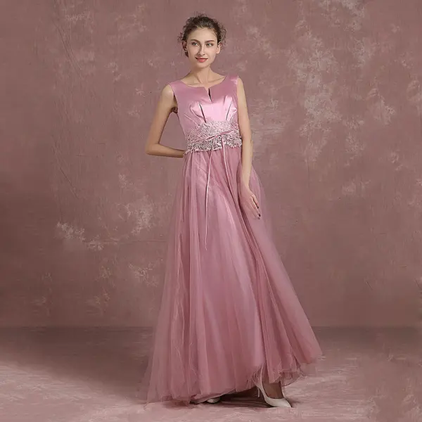 Modern / Fashion Candy Pink Evening Dresses  2018 A-Line / Princess Amazing / Unique V-Neck Sleeveless Appliques Lace Rhinestone Sash Floor-Length / Long Backless Formal Dresses