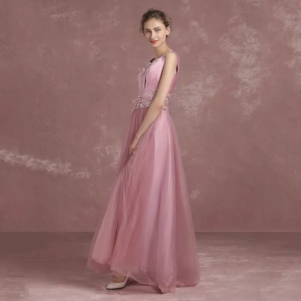 Modern / Fashion Candy Pink Evening Dresses  2018 A-Line / Princess Amazing / Unique V-Neck Sleeveless Appliques Lace Rhinestone Sash Floor-Length / Long Backless Formal Dresses
