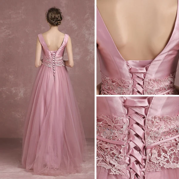 Modern / Fashion Candy Pink Evening Dresses  2018 A-Line / Princess Amazing / Unique V-Neck Sleeveless Appliques Lace Rhinestone Sash Floor-Length / Long Backless Formal Dresses