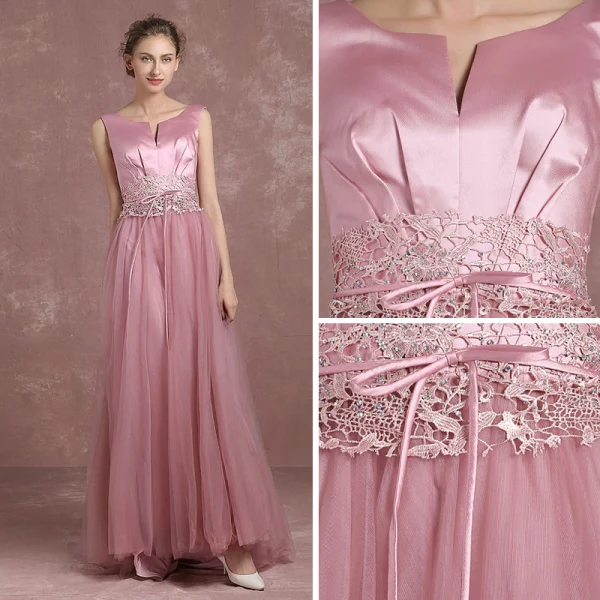 Modern / Fashion Candy Pink Evening Dresses  2018 A-Line / Princess Amazing / Unique V-Neck Sleeveless Appliques Lace Rhinestone Sash Floor-Length / Long Backless Formal Dresses