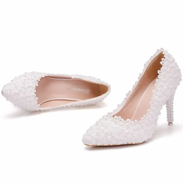 Elegante Witte Parel Kant Bloem Bruidsschoenen 2025 9 cm Naaldhakken / Stiletto Spitse Neus Huwelijk Pumps Hoge Hakken