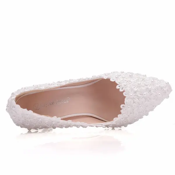 Elegante Witte Parel Kant Bloem Bruidsschoenen 2025 9 cm Naaldhakken / Stiletto Spitse Neus Huwelijk Pumps Hoge Hakken