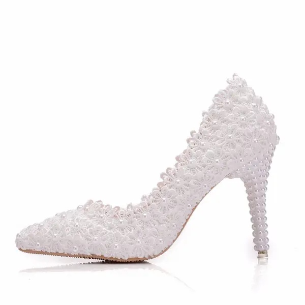 Elegante Witte Parel Kant Bloem Bruidsschoenen 2025 9 cm Naaldhakken / Stiletto Spitse Neus Huwelijk Pumps Hoge Hakken