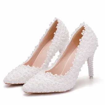 Élégant Blanche Perle En Dentelle Fleur Chaussure De Mariée 2025 9 Cm Talons Aiguilles À Bout Pointu Mariage Escarpins Talons Hauts