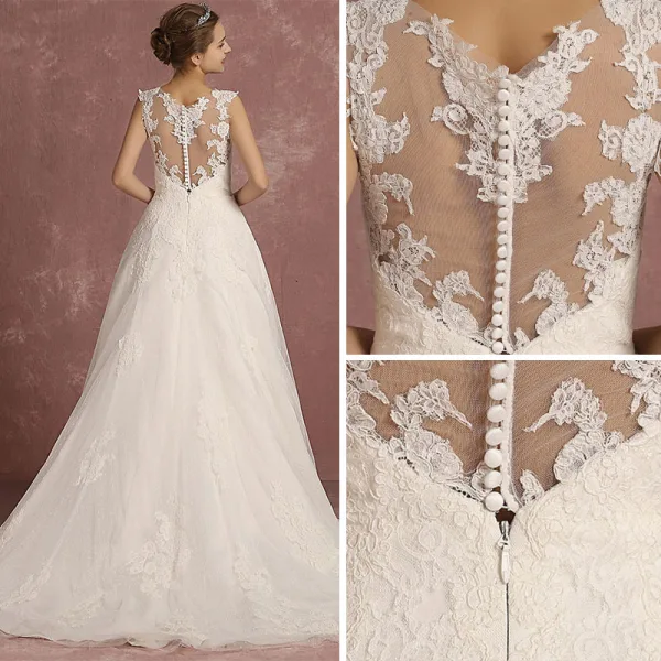 Élégant Ivoire Robe De Mariée 2018 Princesse épaules Sans Manches Dos Nu Appliques En Dentelle Train De Balayage