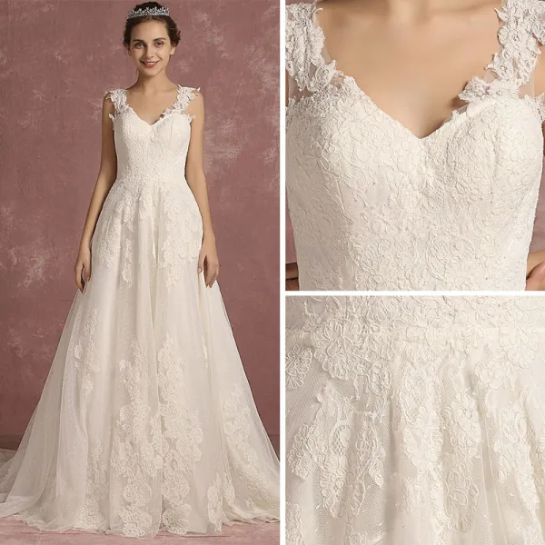 Élégant Ivoire Robe De Mariée 2018 Princesse épaules Sans Manches Dos Nu Appliques En Dentelle Train De Balayage