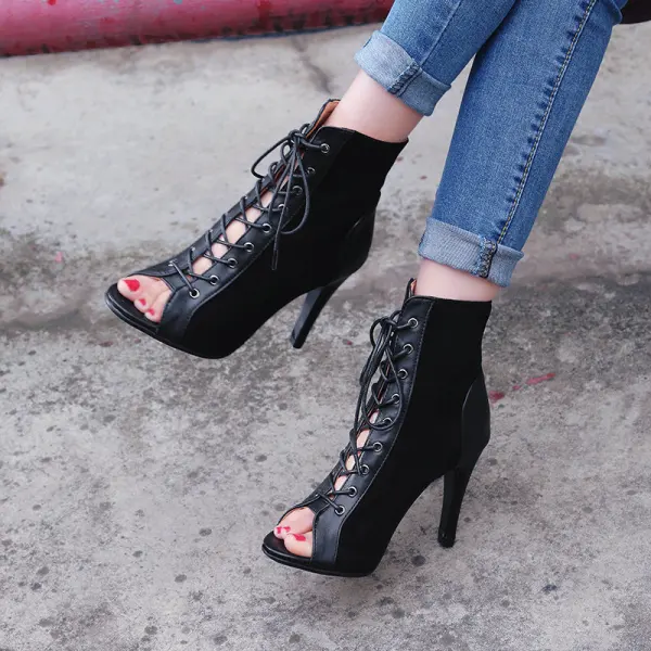 Roman Black Street Wear Suede Womens Boots 2022 9 cm Stiletto Heels Open / Peep Toe Womens Boots