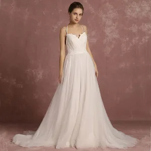 Moderne Mode Ivoire Plage Robe De Mariée 2018 Princesse Bretelles Spaghetti Sans Manches Dos Nu Train De Balayage