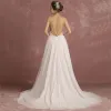 Modern / Fashion Ivory Beach Wedding Dresses 2018 A-Line / Princess Spaghetti Straps Sleeveless Backless Sweep Train