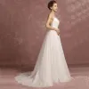 Modern / Fashion Ivory Beach Wedding Dresses 2018 A-Line / Princess Spaghetti Straps Sleeveless Backless Sweep Train