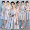 Affordable Modest / Simple Grey Bridesmaid Dresses 2018 A-Line / Princess Bow Sash Ruffle Backless Wedding Party Dresses