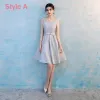 Affordable Modest / Simple Grey Bridesmaid Dresses 2018 A-Line / Princess Bow Sash Ruffle Backless Wedding Party Dresses