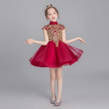 Style Chinois Bordeaux Robe Ceremonie Fille 2019 Robe Boule Col Haut Mancherons Appliques En Dentelle Faux Diamant Courte Volants Robe Pour Mariage