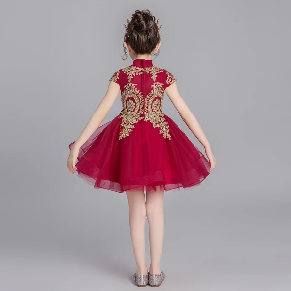 Chinese style Burgundy Flower Girl Dresses 2019 Ball Gown High Neck Cap Sleeves Appliques Lace Rhinestone Short Ruffle Wedding Party Dresses
