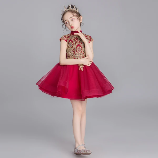 Chinese style Burgundy Flower Girl Dresses 2019 Ball Gown High Neck Cap Sleeves Appliques Lace Rhinestone Short Ruffle Wedding Party Dresses