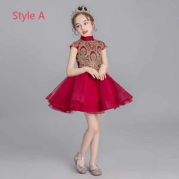 Chinese style Burgundy Flower Girl Dresses 2019 Ball Gown High Neck Cap Sleeves Appliques Lace Rhinestone Short Ruffle Wedding Party Dresses