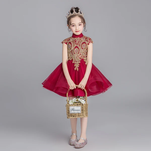 Chinese style Burgundy Flower Girl Dresses 2019 Ball Gown High Neck Cap Sleeves Appliques Lace Rhinestone Short Ruffle Wedding Party Dresses