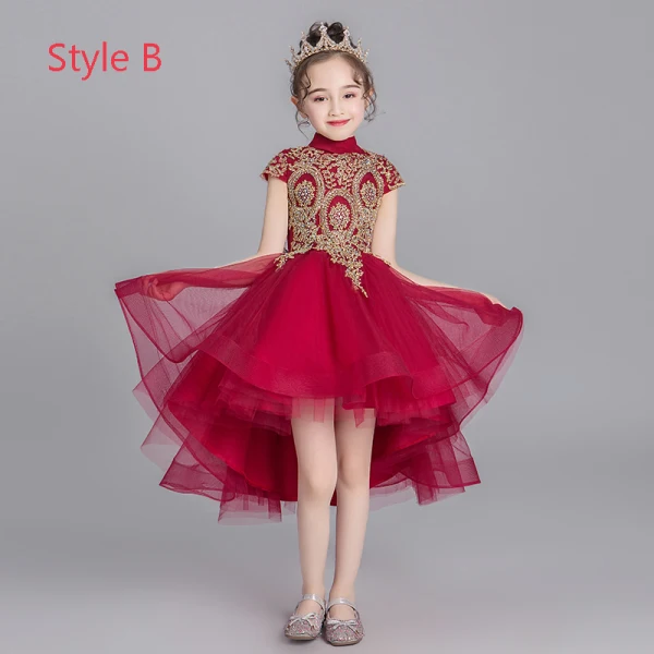 Chinese style Burgundy Flower Girl Dresses 2019 Ball Gown High Neck Cap Sleeves Appliques Lace Rhinestone Short Ruffle Wedding Party Dresses