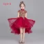 Chinese style Burgundy Flower Girl Dresses 2019 Ball Gown High Neck Cap Sleeves Appliques Lace Rhinestone Short Ruffle Wedding Party Dresses