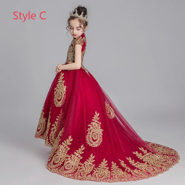 Chinese style Burgundy Flower Girl Dresses 2019 Ball Gown High Neck Cap Sleeves Appliques Lace Rhinestone Short Ruffle Wedding Party Dresses