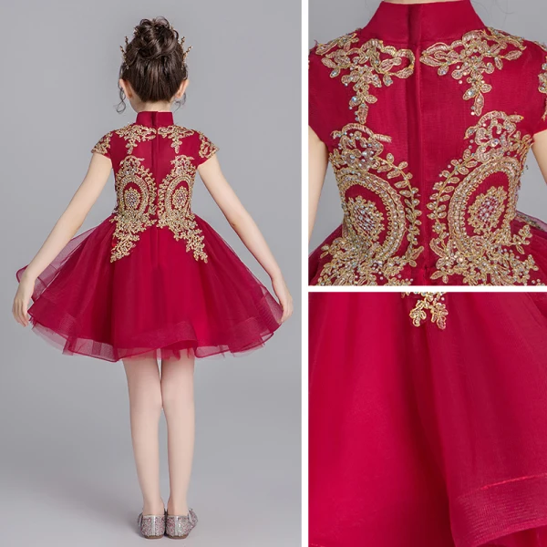 Chinese style Burgundy Flower Girl Dresses 2019 Ball Gown High Neck Cap Sleeves Appliques Lace Rhinestone Short Ruffle Wedding Party Dresses