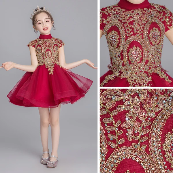 Chinese style Burgundy Flower Girl Dresses 2019 Ball Gown High Neck Cap Sleeves Appliques Lace Rhinestone Short Ruffle Wedding Party Dresses