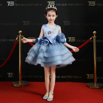 Chic Belle Bleu Ciel Robe Ceremonie Fille 2019 Robe Boule V Cou Sans Manches Appliques Fleur Perle Paillettes Courte Volants En Cascade Robe Pour Mariage