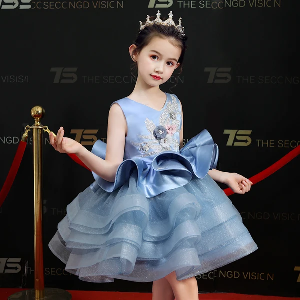 Chic / Beautiful Sky Blue Flower Girl Dresses 2019 Ball Gown V-Neck Sleeveless Appliques Flower Pearl Sequins Short Cascading Ruffles Wedding Party Dresses