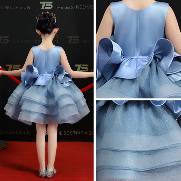 Chic / Beautiful Sky Blue Flower Girl Dresses 2019 Ball Gown V-Neck Sleeveless Appliques Flower Pearl Sequins Short Cascading Ruffles Wedding Party Dresses