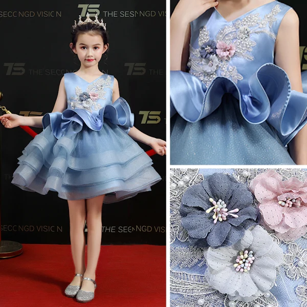 Chic / Beautiful Sky Blue Flower Girl Dresses 2019 Ball Gown V-Neck Sleeveless Appliques Flower Pearl Sequins Short Cascading Ruffles Wedding Party Dresses